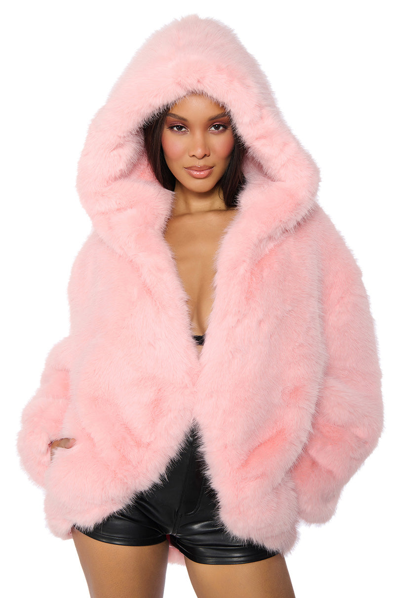 LANA HOODED FAUX FUR COAT IN PINK