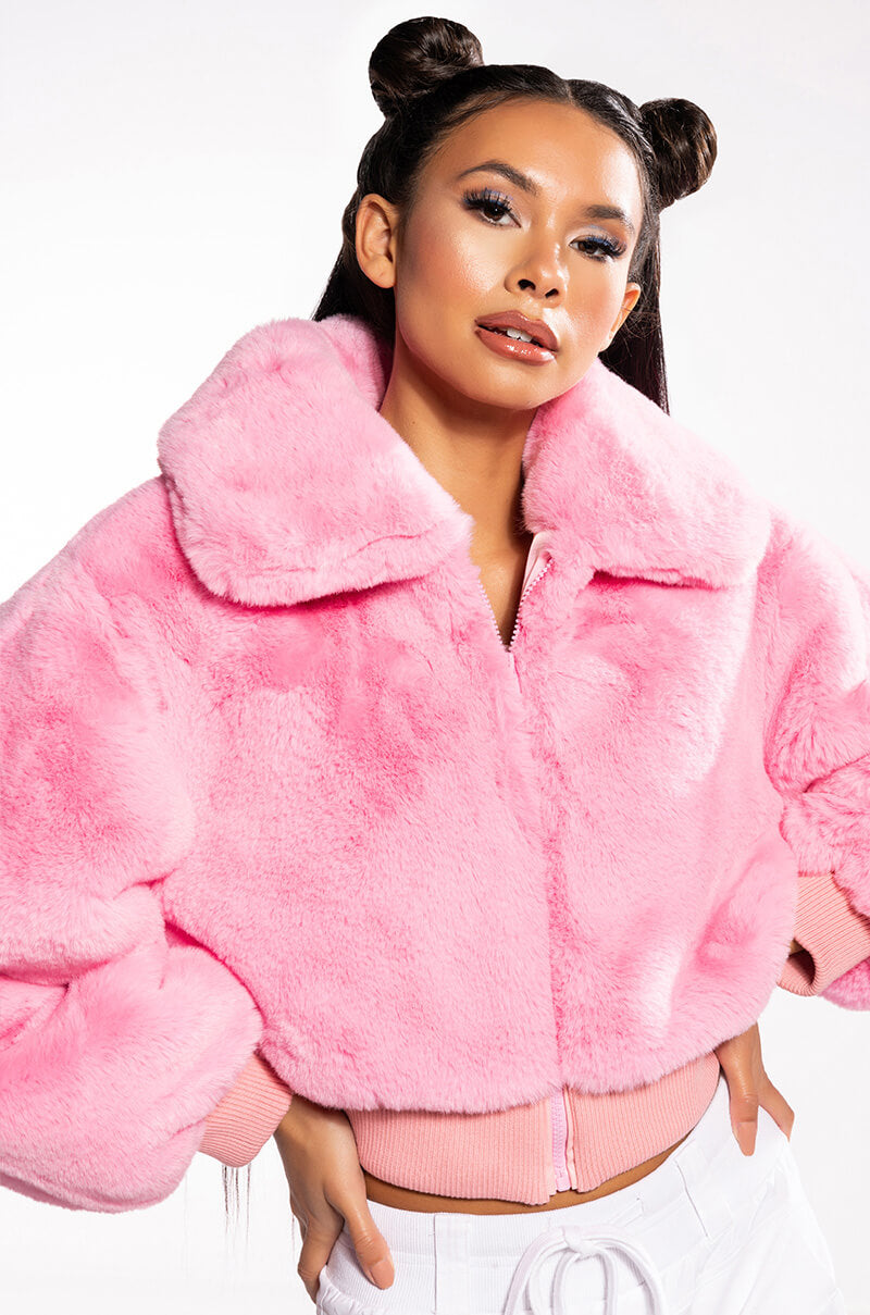 DREW FAUX FUR BOMBER WITH RIB TRIM