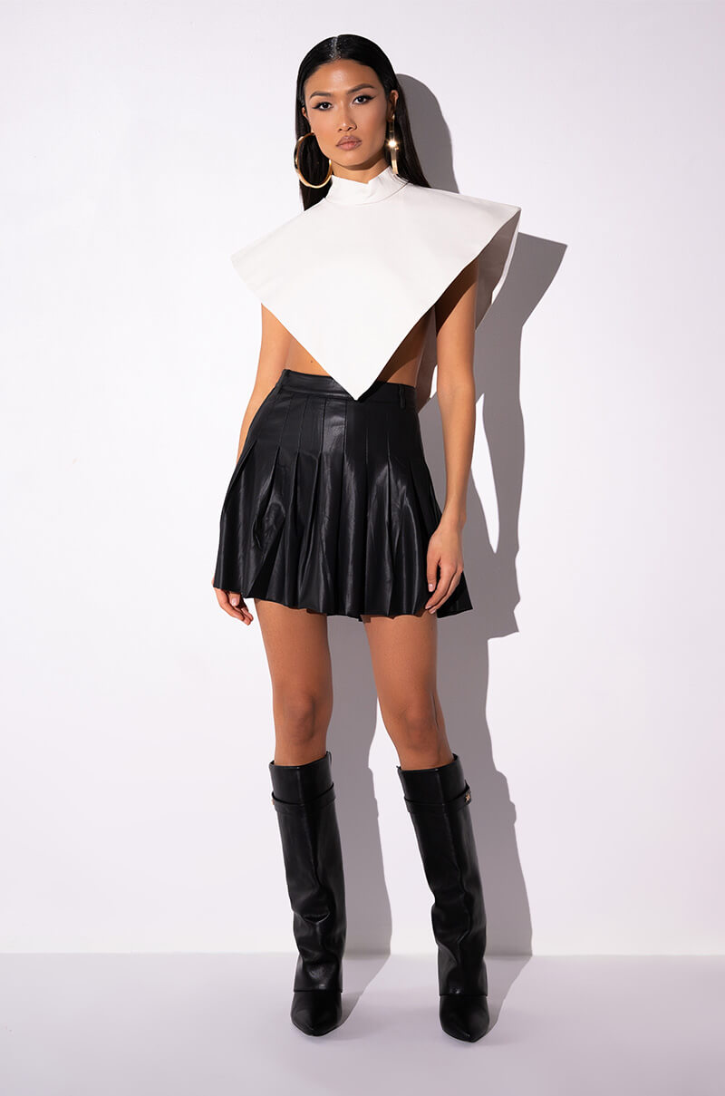 RIO PLEATED FAUX LEATHER MINI SKIRT WITH 4 WAY STRETCH