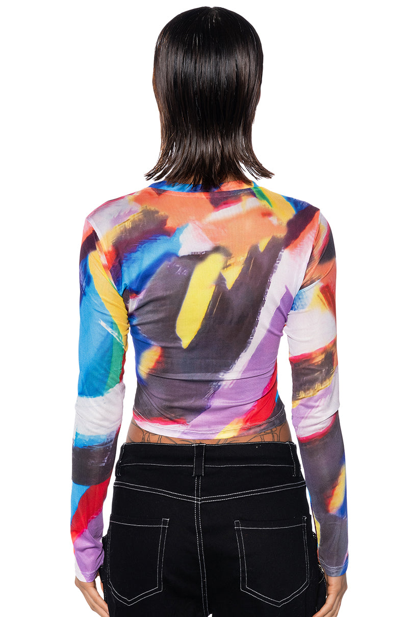 ABSTRACT ART LONG SLEEVE MESH TOP