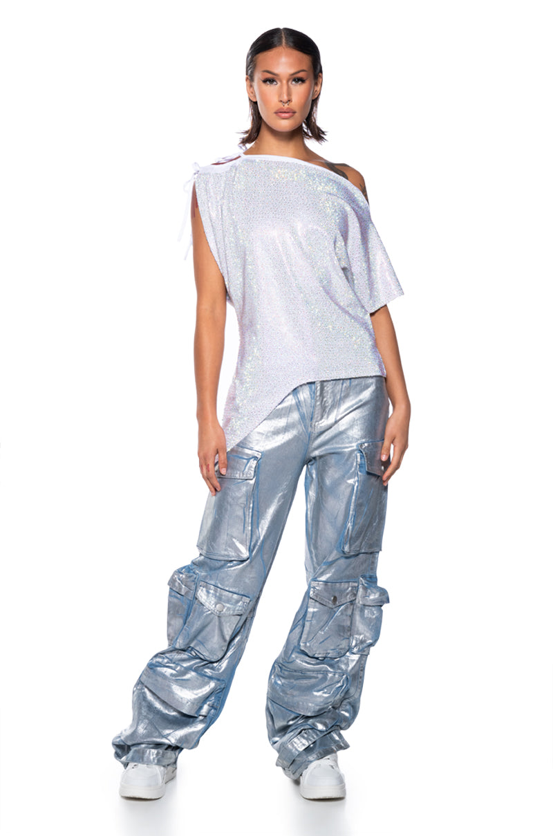 GLISTENING ASYMMETRICAL TSHIRT IN WHITE MULTI