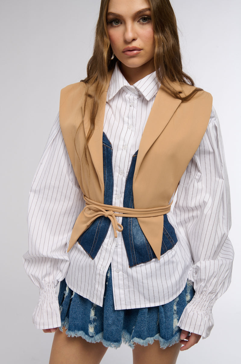 WORKING WOMAN SIDE TIE BLAZER VEST IN TAN