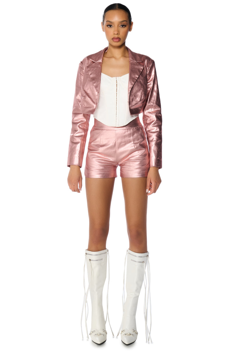 AMMO X AKIRA BIG BOOTY HIGH WAIST FAUX LEATHER SHORT WITH 4 WAY STRETCH IN ROSE GOLD