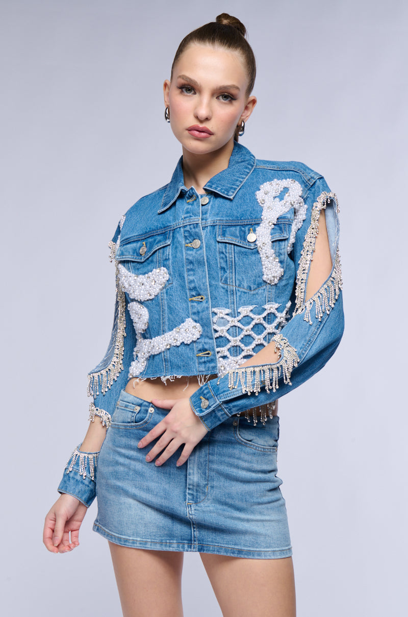 TEXAS BOUND RHINESTONE FRINGE PEARL CROP DENIM JACKET WITH CUT OUT SLEEVE