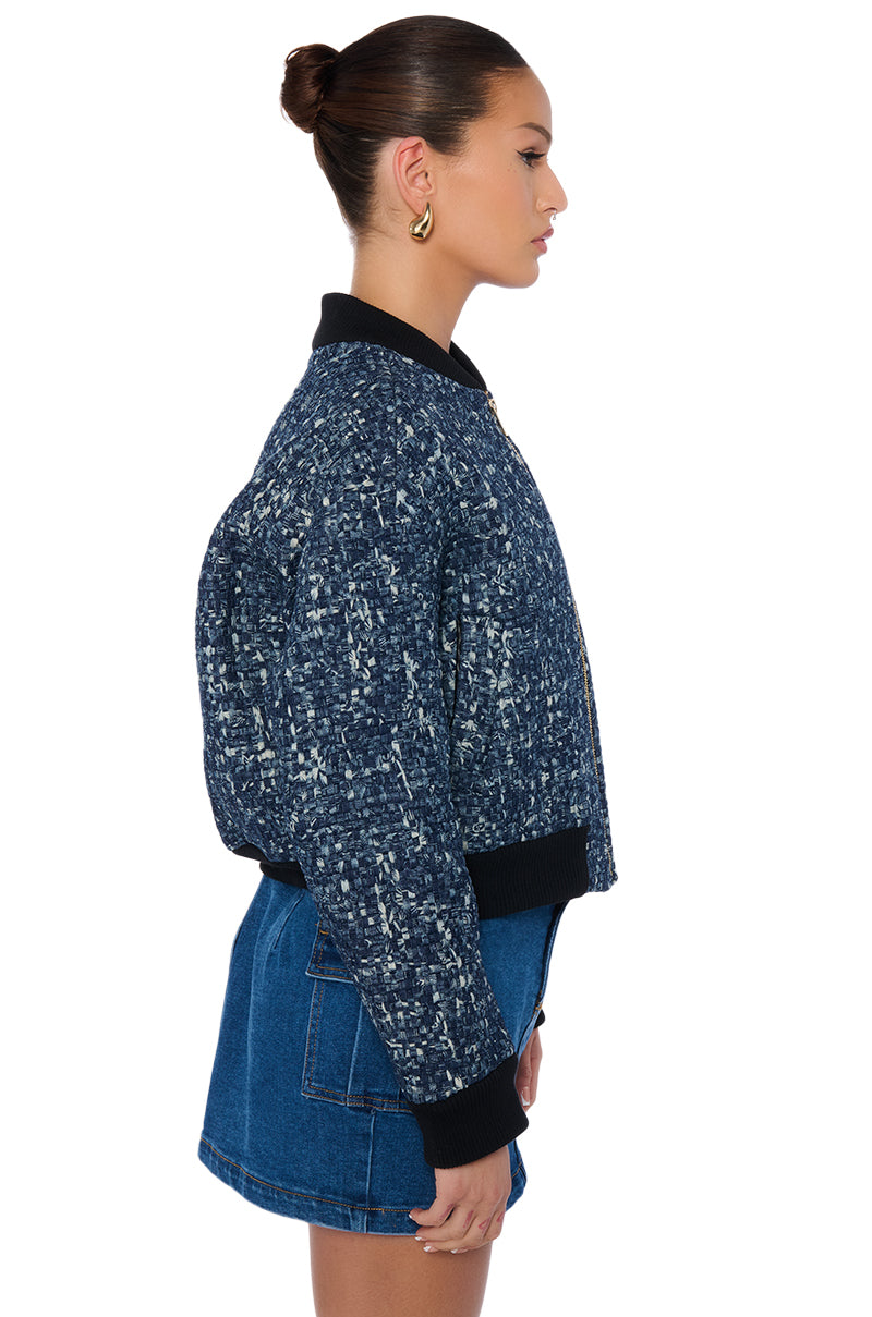 MICRO DENIM WEAVE BOMBER JACKET