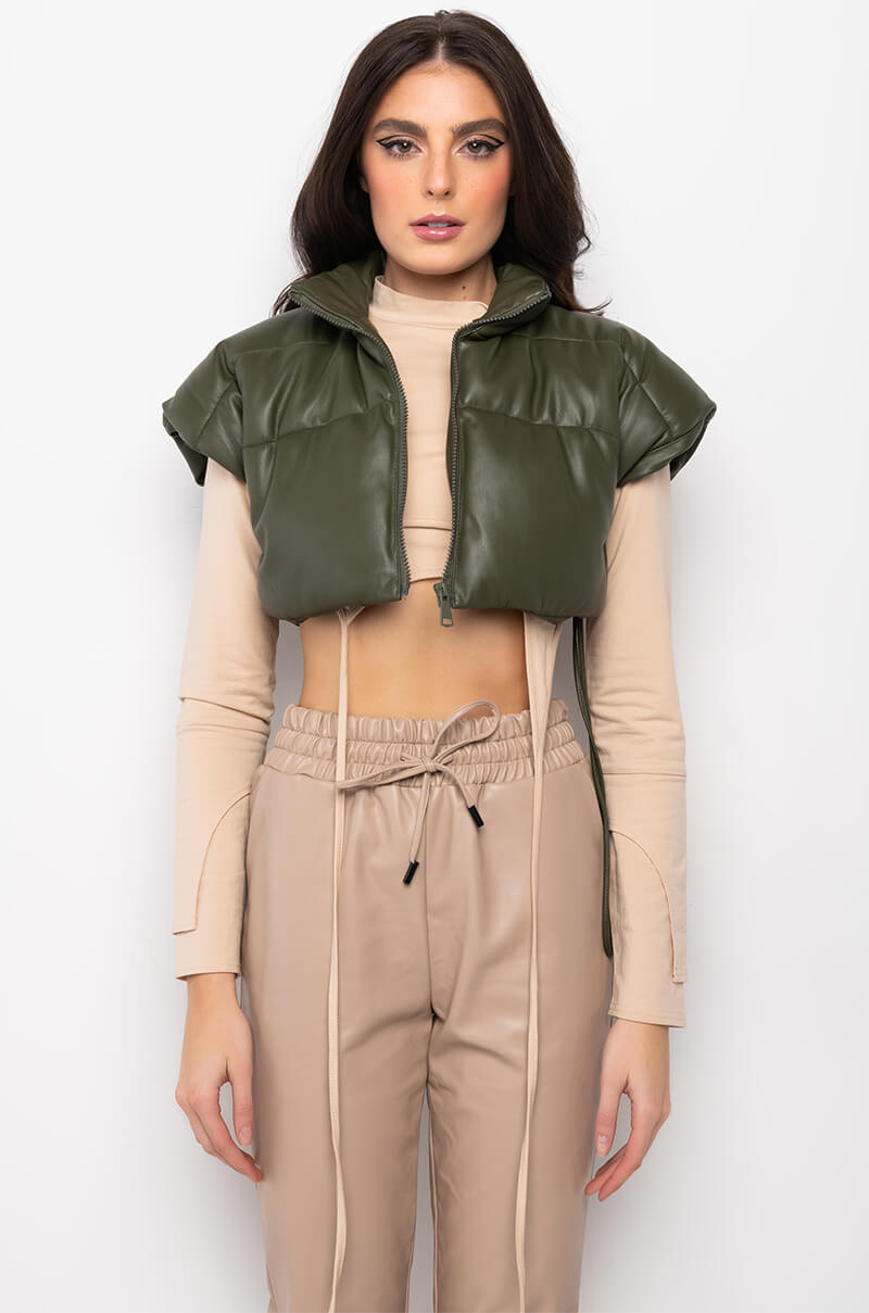 ULTRA CROP PU VEST WITH PULL STRINGS IN OLIVE