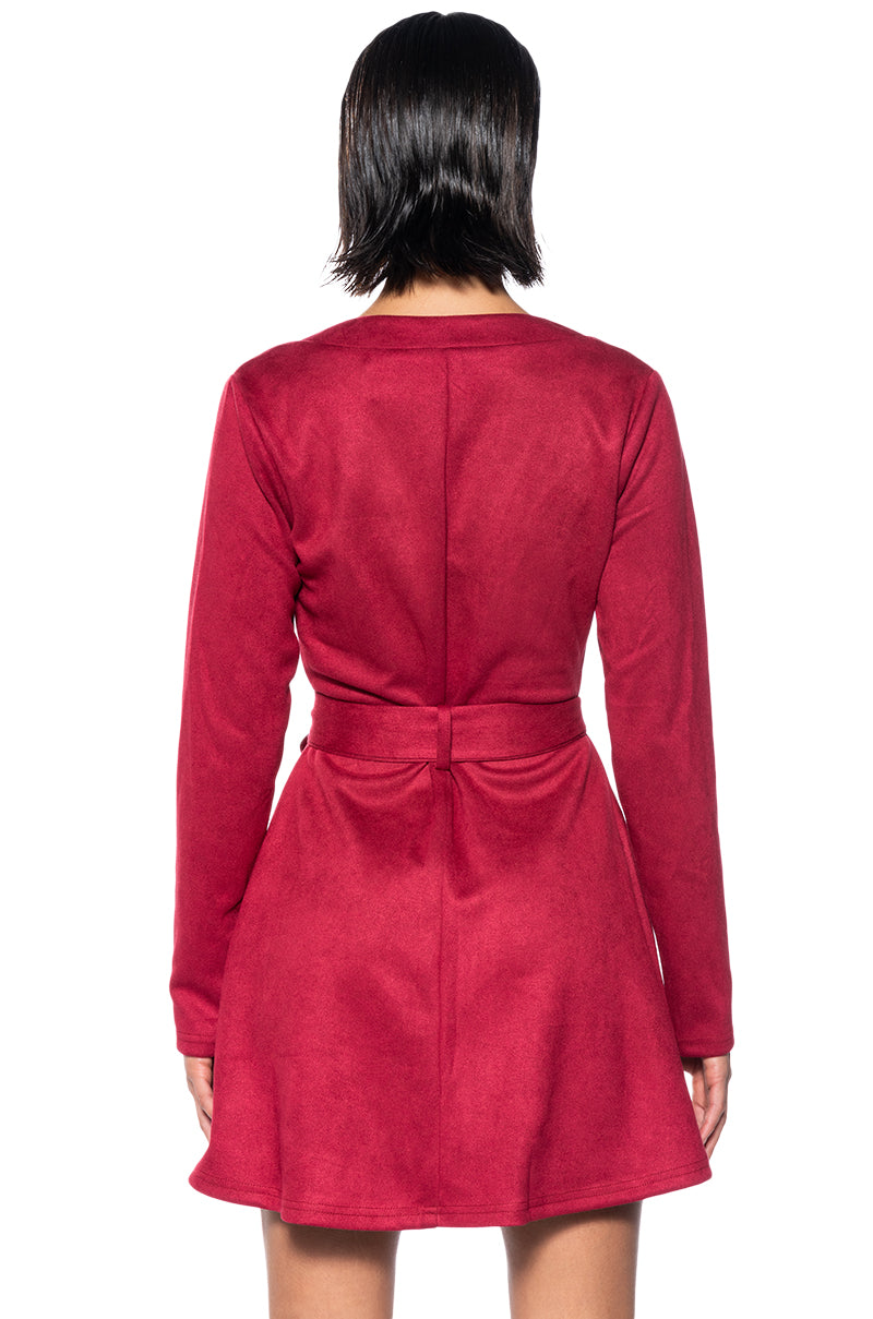 COVET FAUX SUEDE TRENCH MINI DRESS IN RED