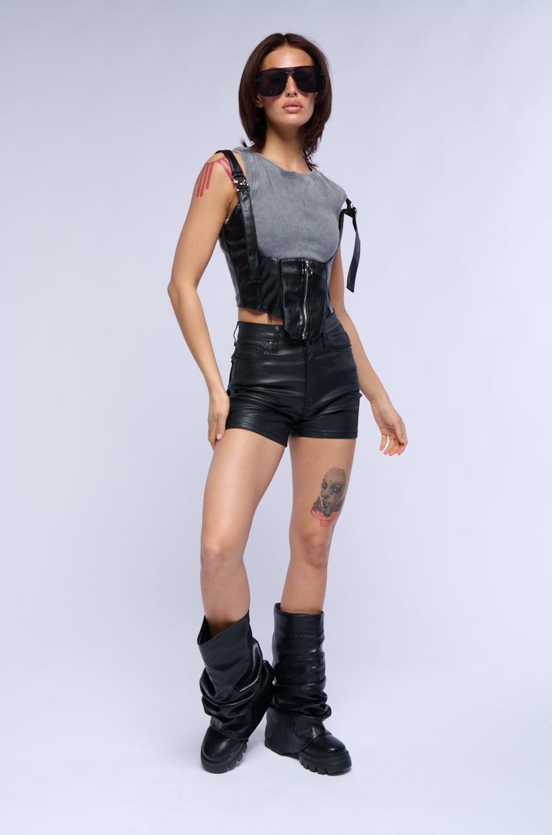 BUCKLE UP BABY FAUX LEATHER CORSET TANK TOP