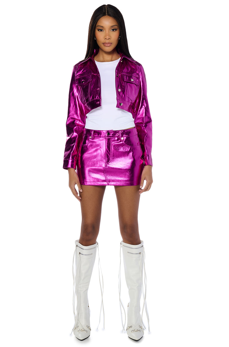 CELEBRATE METALLIC FAUX LEATHER CROP JACKET