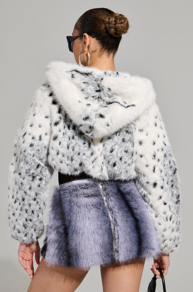 SNOW LEOPARD HOODED FUR BOMBER