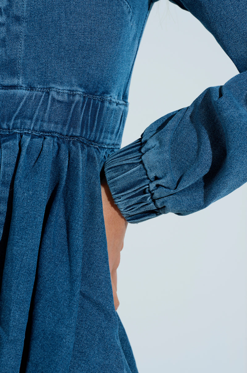 PASS THE BUBBLY DENIM MINI DRESS