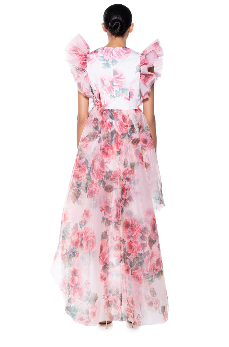 LUCCA FLORAL CHIFFON HIGH LOW HEM DRESS