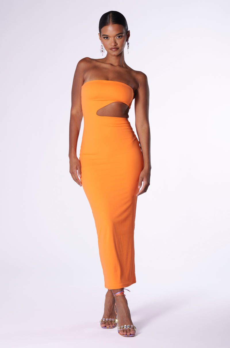 WOKE UP LIKE THIS STRAPLESS CUT OUT MIDI DRESS