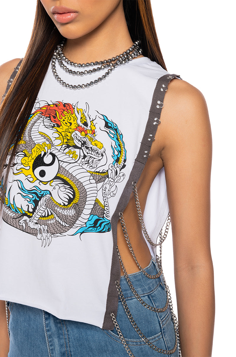 ANCIENT TALES CROPPED SIDE CHAIN GRAPHIC TANK