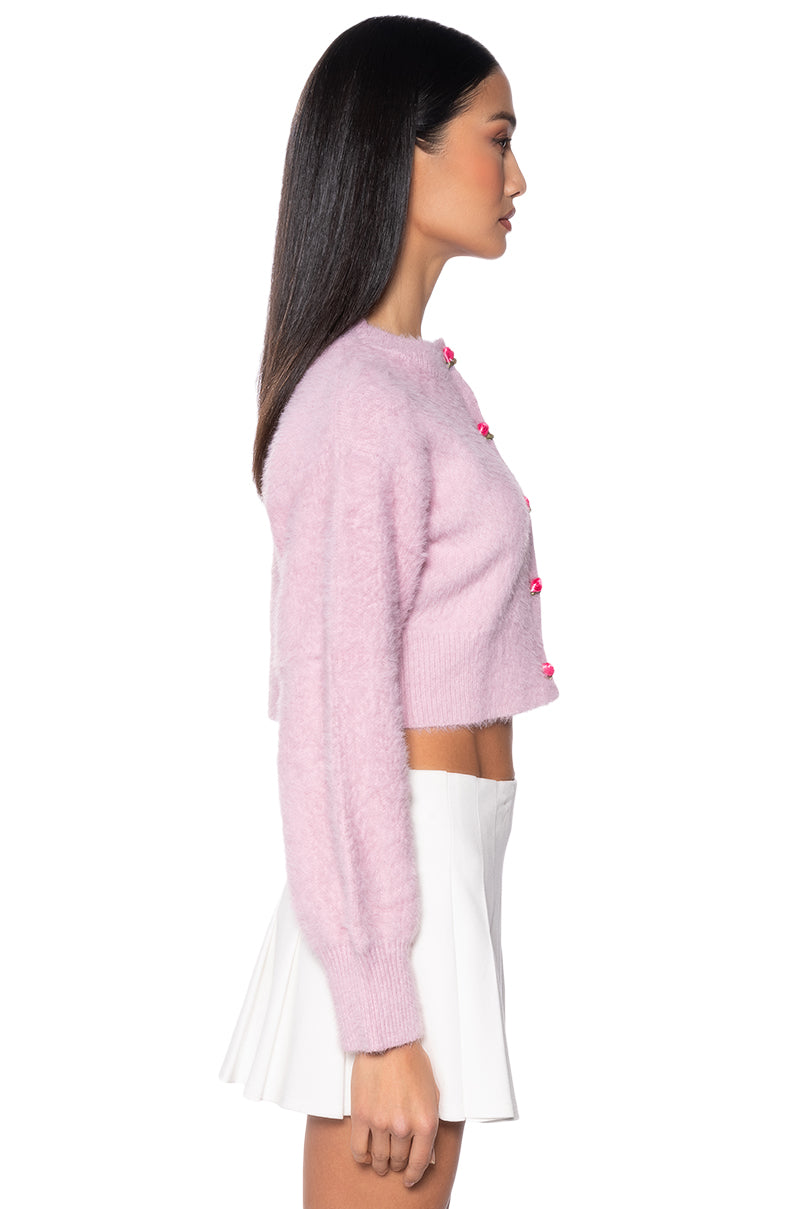 TOO CUTE FLOWER BUTTON FUZZY CARDIGAN