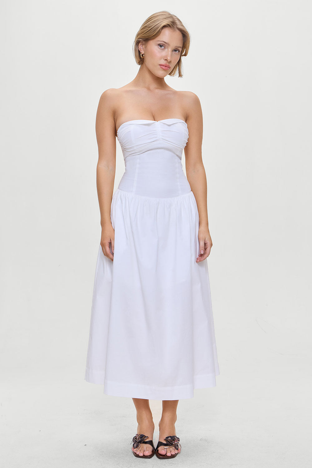 Horizon Strapless Collared Midi Dress - White