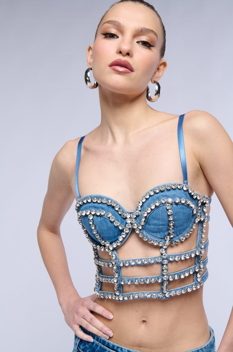 ALL ABOUT ME RHINESTONE DENIM CORSET TOP