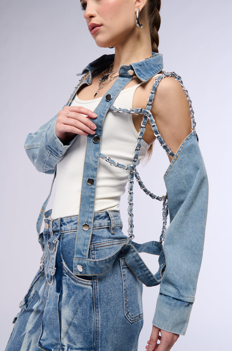 CAGED DENIM AND EXPOSED BODICE JACKET