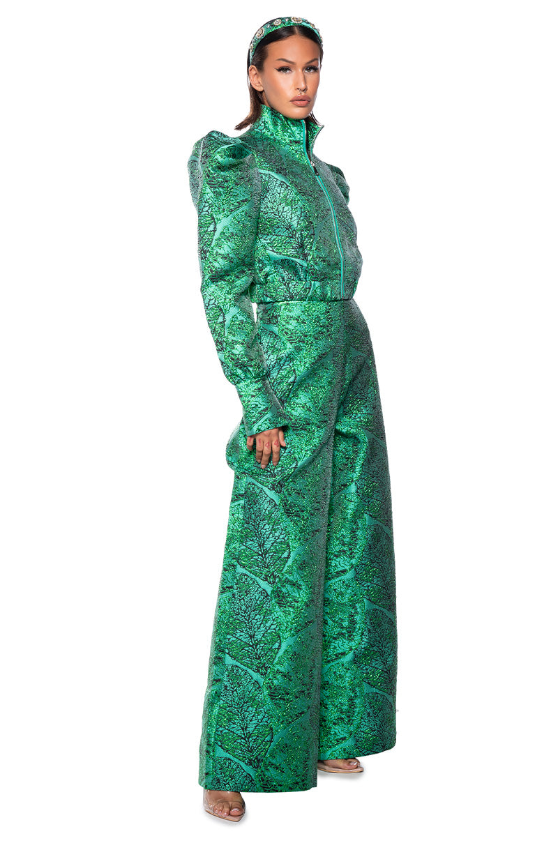 GREEN BROCADE PUFF SHOULDER BOMBER JACKET