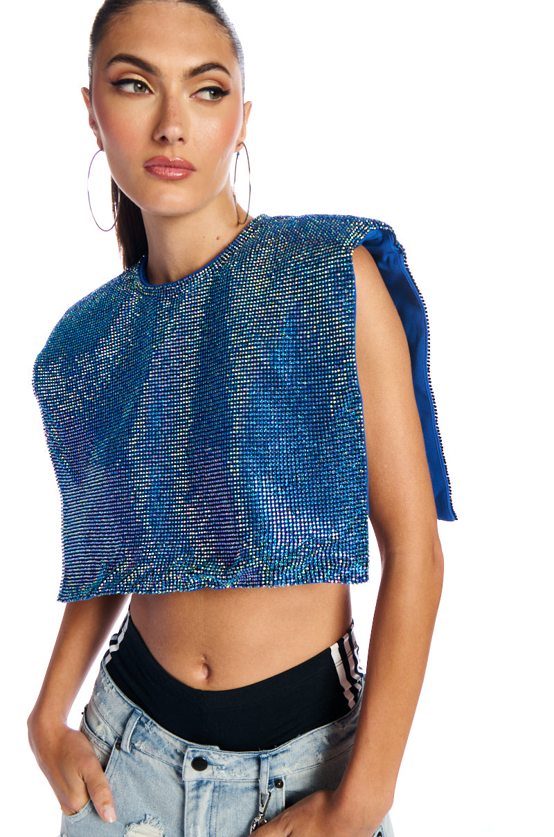 DISCO BABE SLEEVELESS RHINESTONE CROP TOP IN BLUE