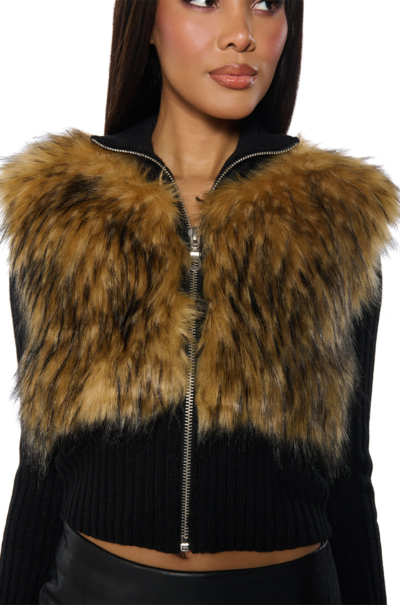 COLDEST WINTER ZIP UP FAUX FUR TRIM KNIT SWEATER IN BLACK MULTI