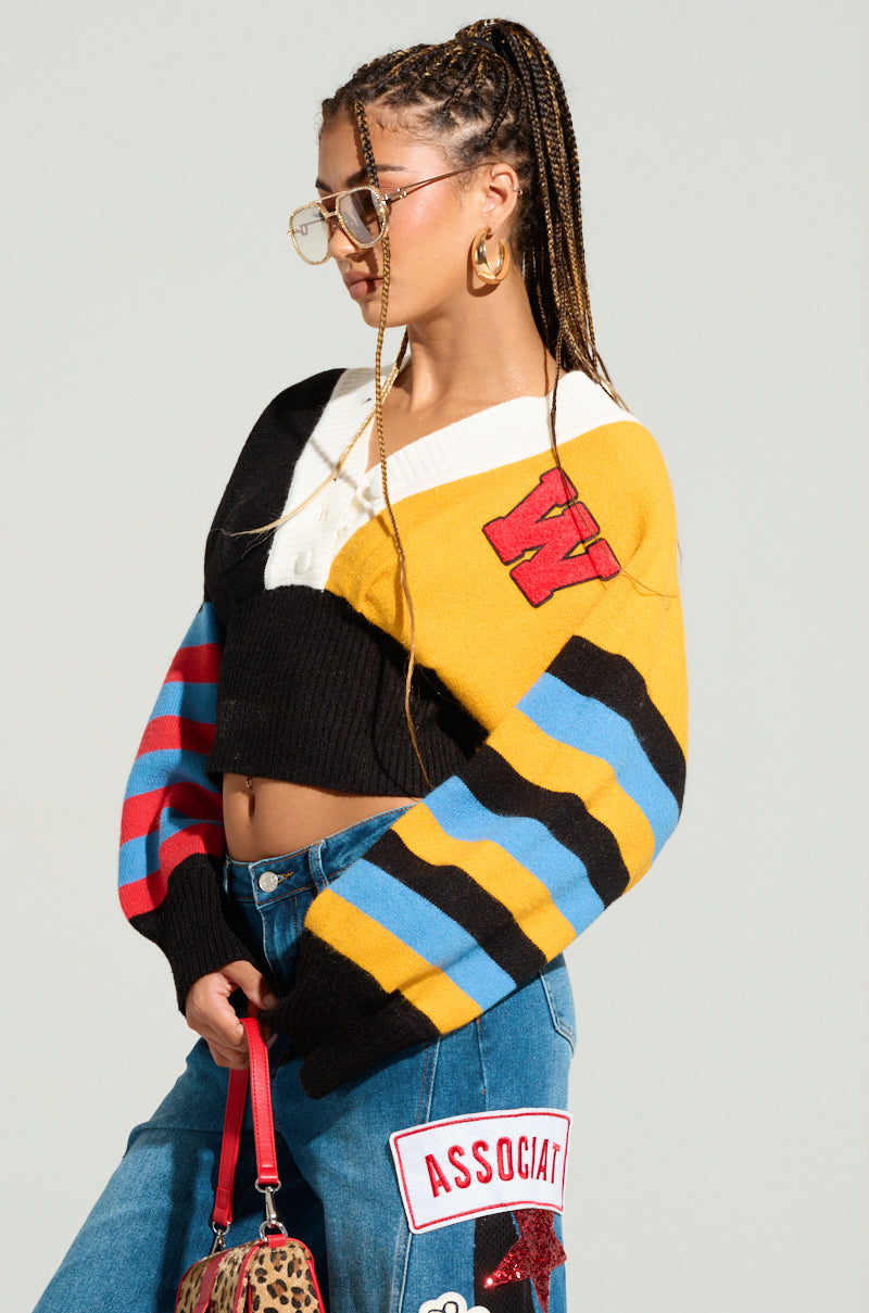 VARSITY STRIPES BUTTON DOWN SWEATER