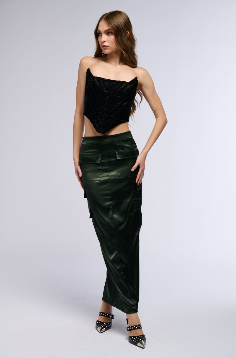 ALL IN SATIN CARGO POCKET MAXI SKIRT