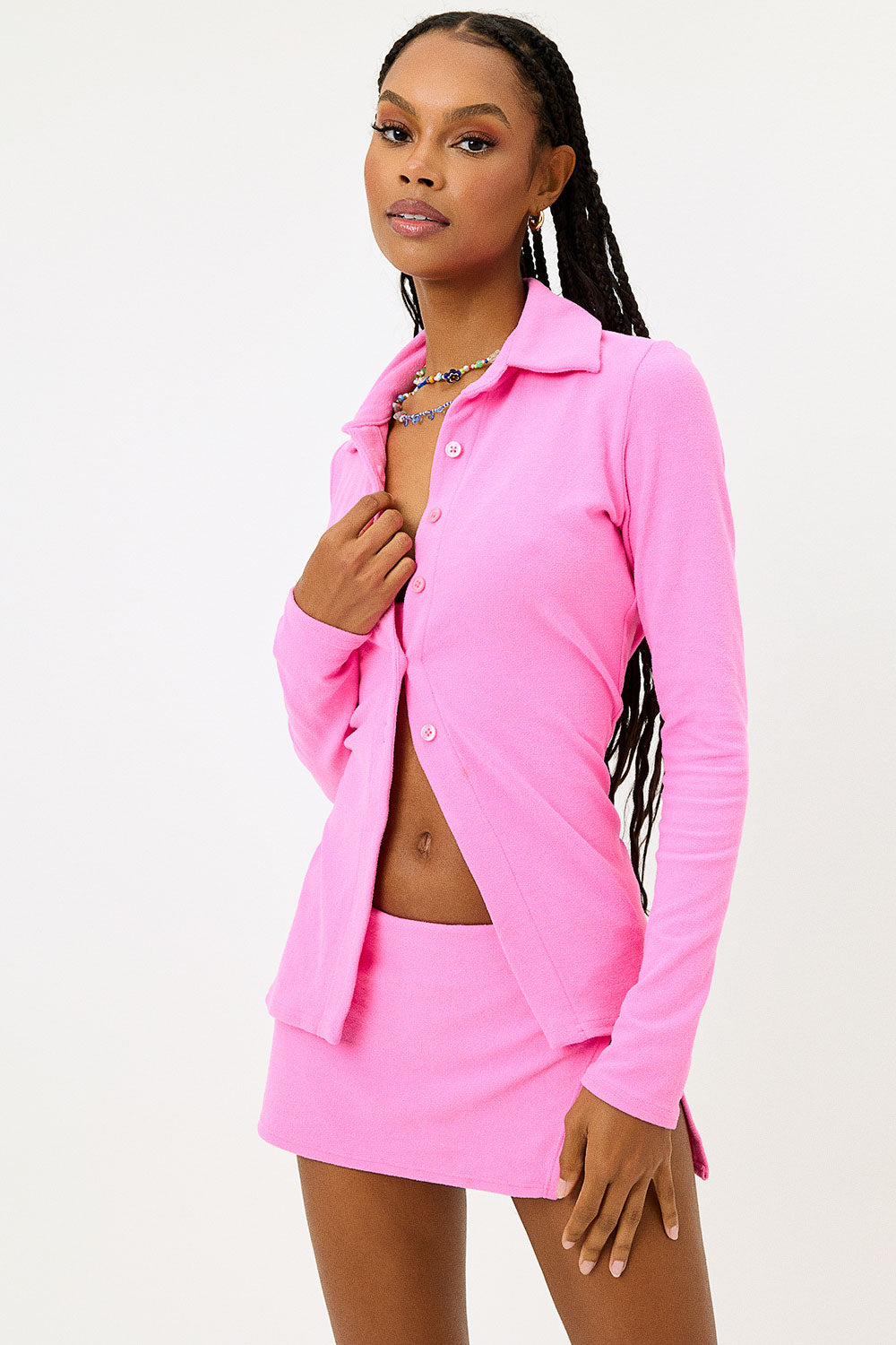 Nova Terry Long Sleeve Button Up - Blushing