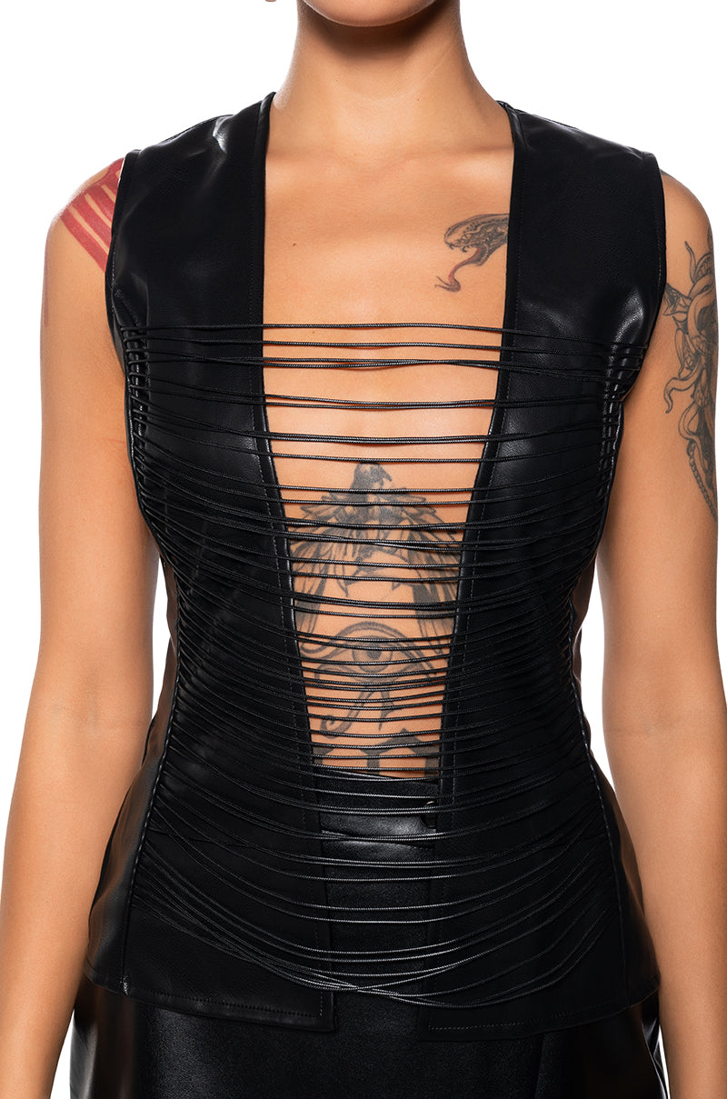 OUT OF THE VOID FAUX LEATHER SLEEVELESS SHIRT