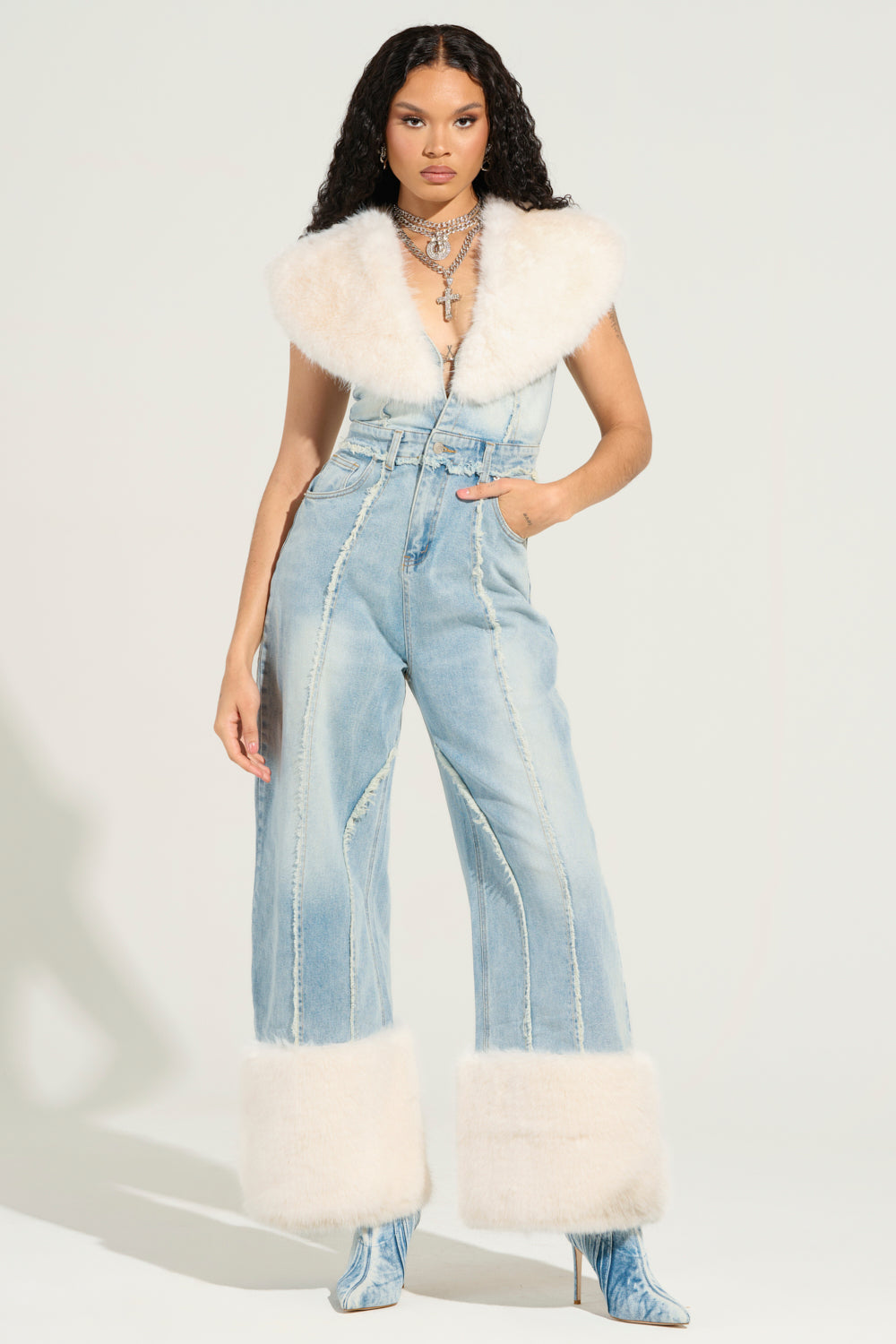 TALK THAT TALK DENIM FUR JUMPSUIT