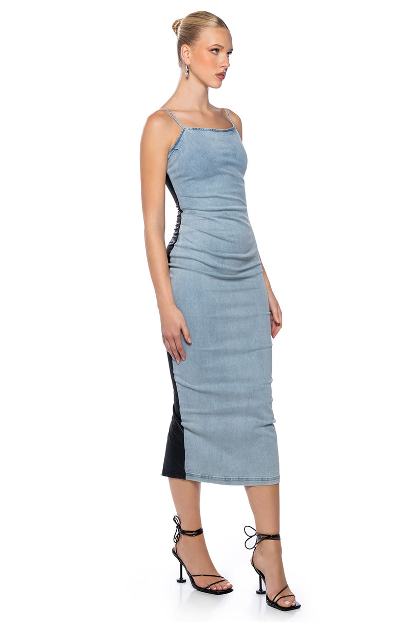 UP TO NO GOOD SLEEVELESS DENIM FAUX LEATHER MIDI DRESS