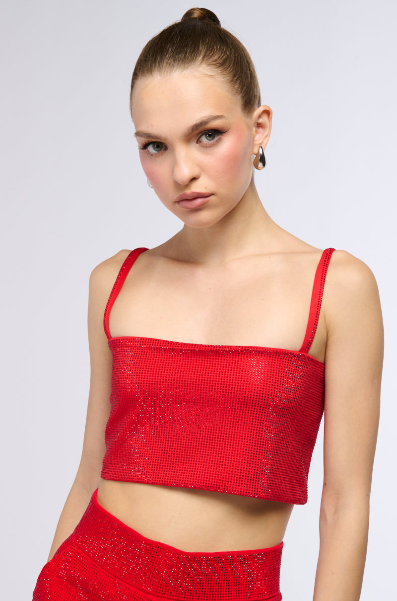 POP STAR HOT FIX RHINESTONE CROP TOP IN RED