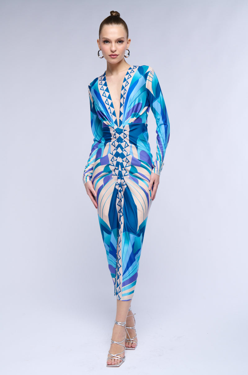 ODETTE SCARF PRINT MIDI DRESS IN TEAL