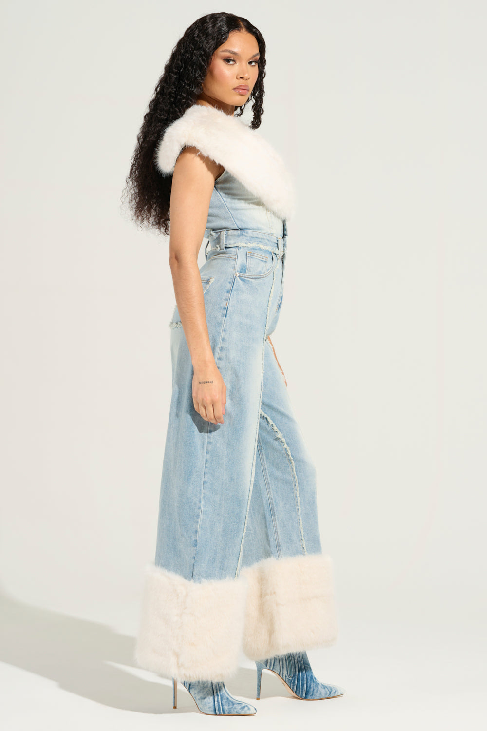 TALK THAT TALK DENIM FUR JUMPSUIT