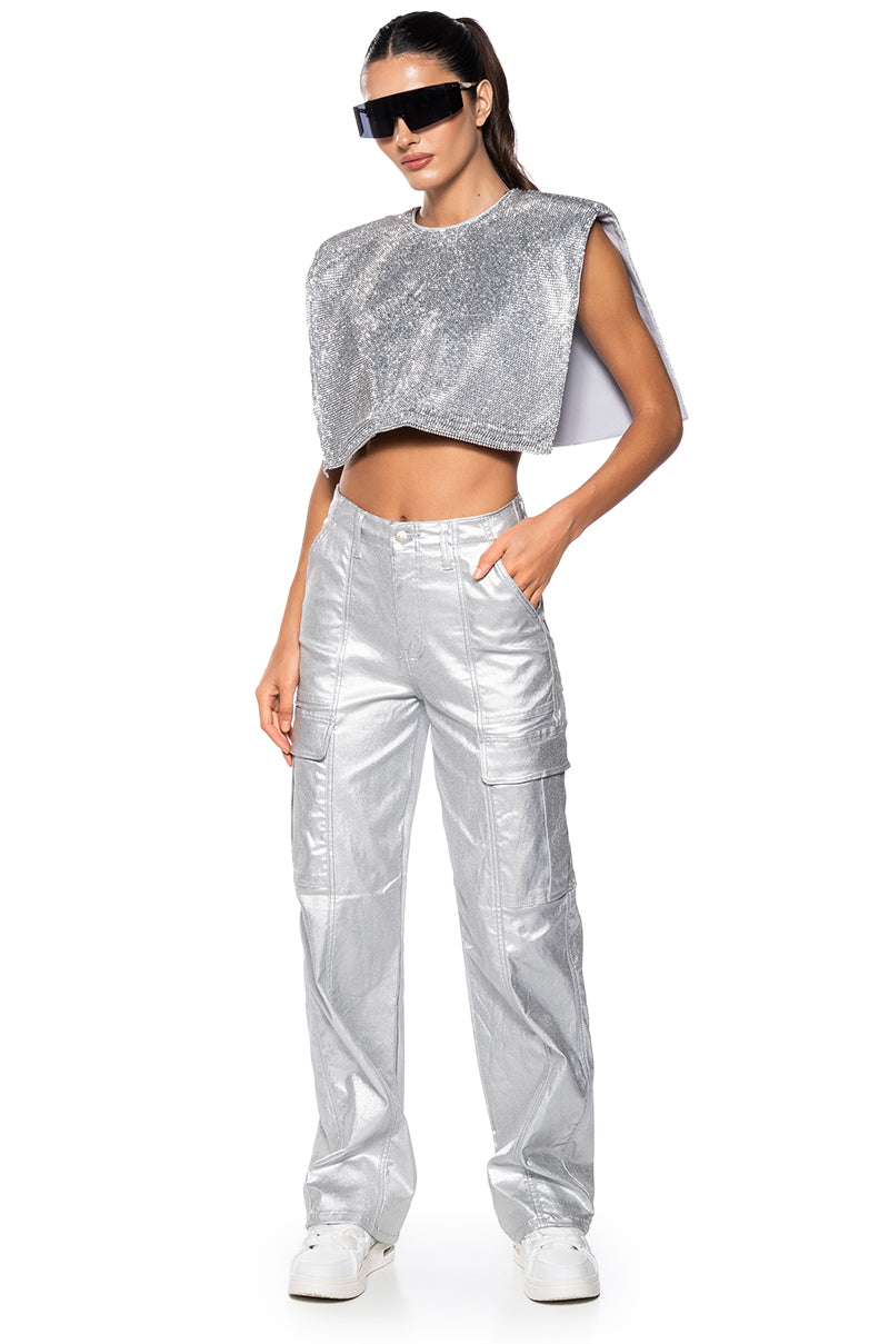 DISCO BABE SLEEVELESS RHINESTONE CROP TOP IN WHITE