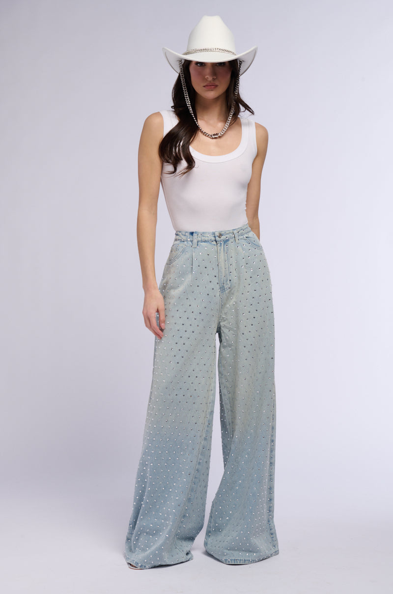 DAZZLED RHINESTONE STUDDED EXTRA LONG DENIM PANTS