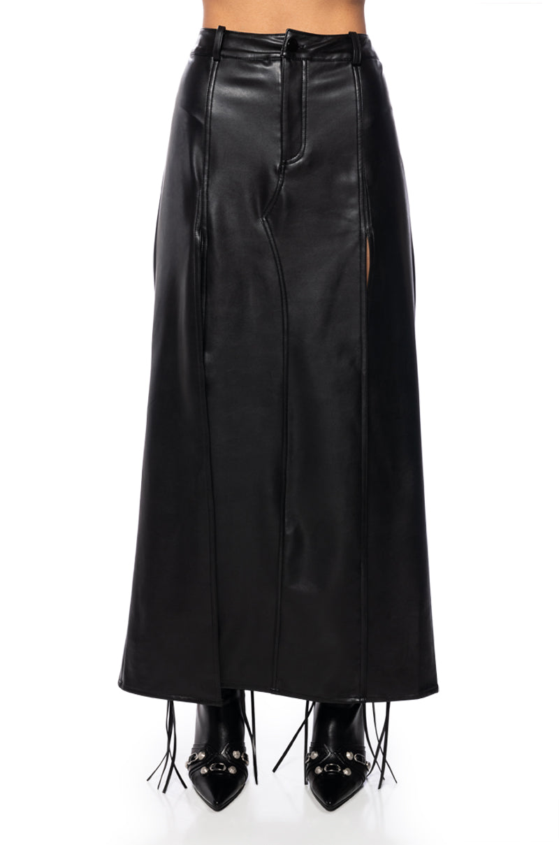 LEVEL UP MAXI FAUX LEATHER SKIRT WITH FRONT SLITS