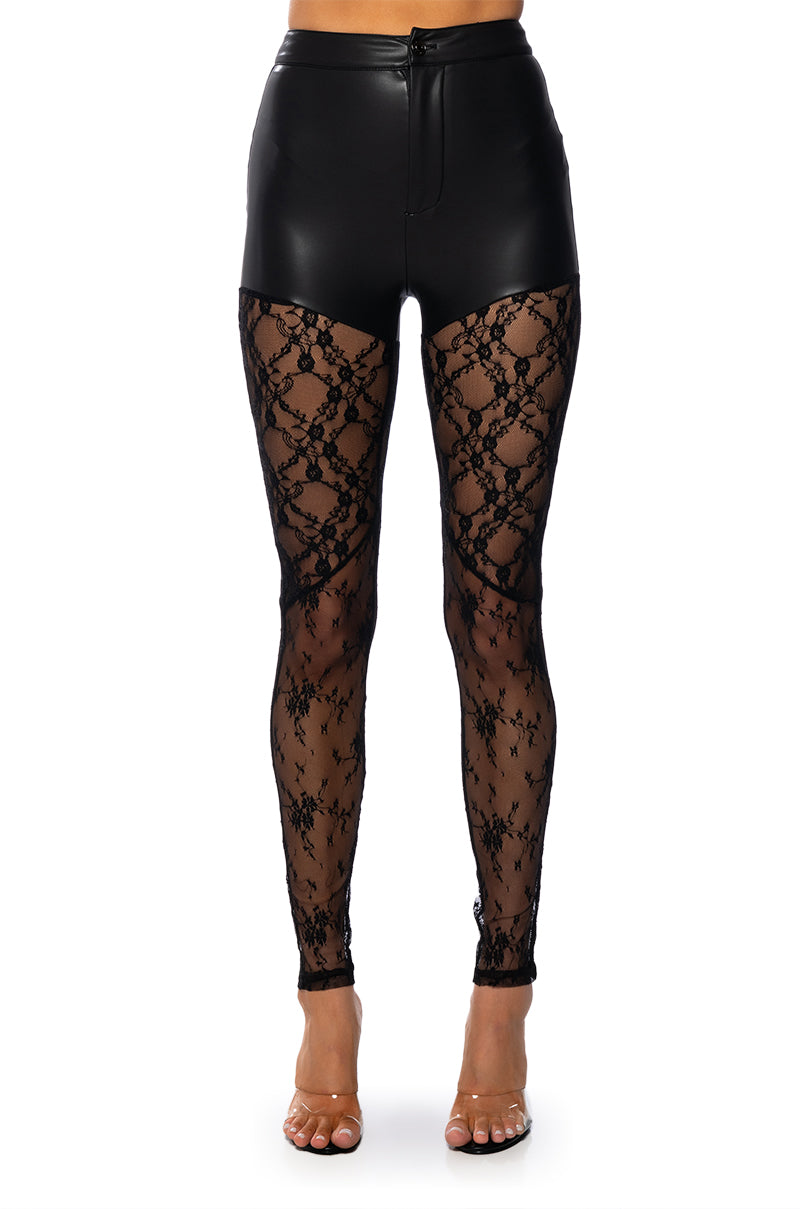 RIO LACE AND FAUX LEATHER HIGH WAIST PANT