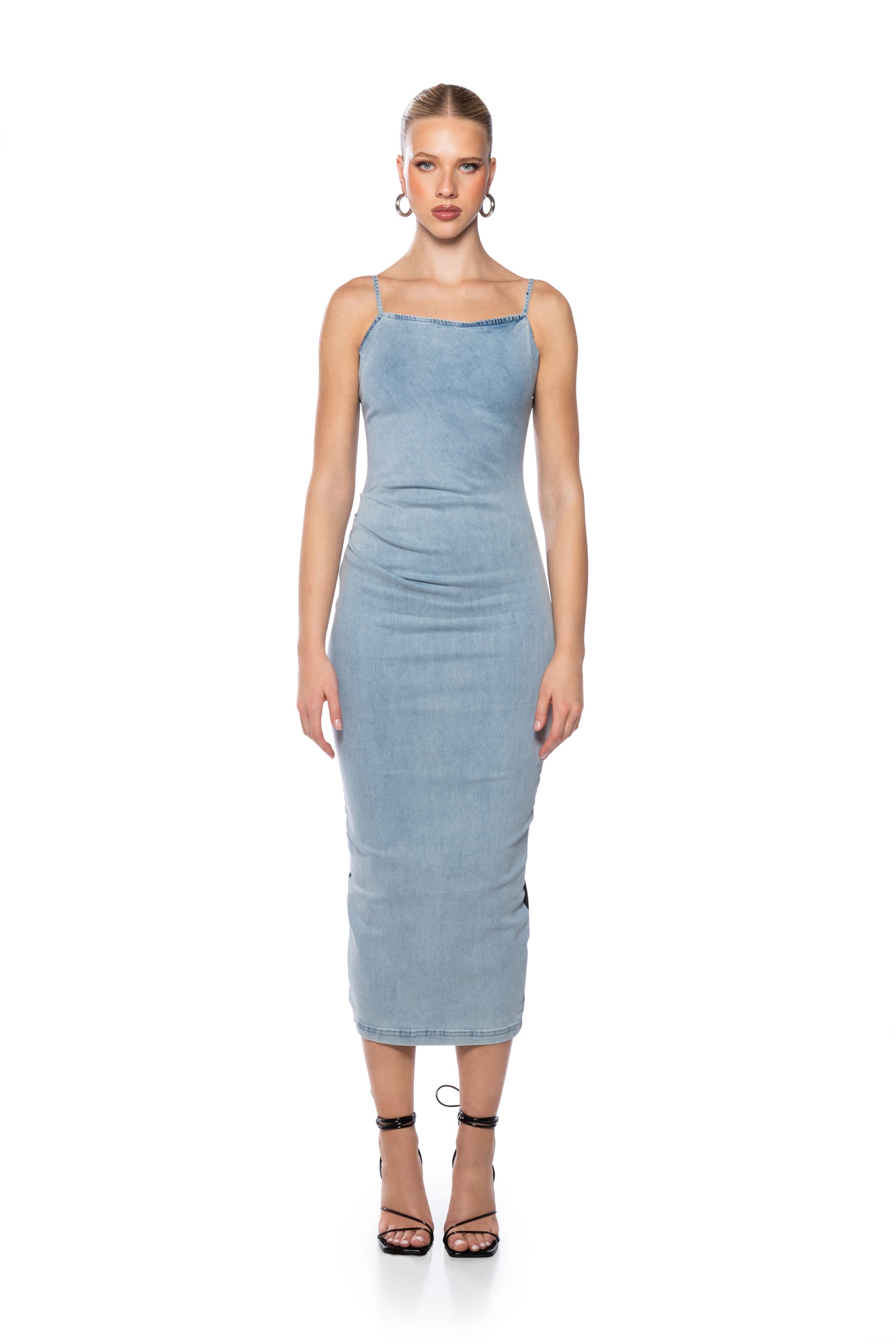 UP TO NO GOOD SLEEVELESS DENIM FAUX LEATHER MIDI DRESS