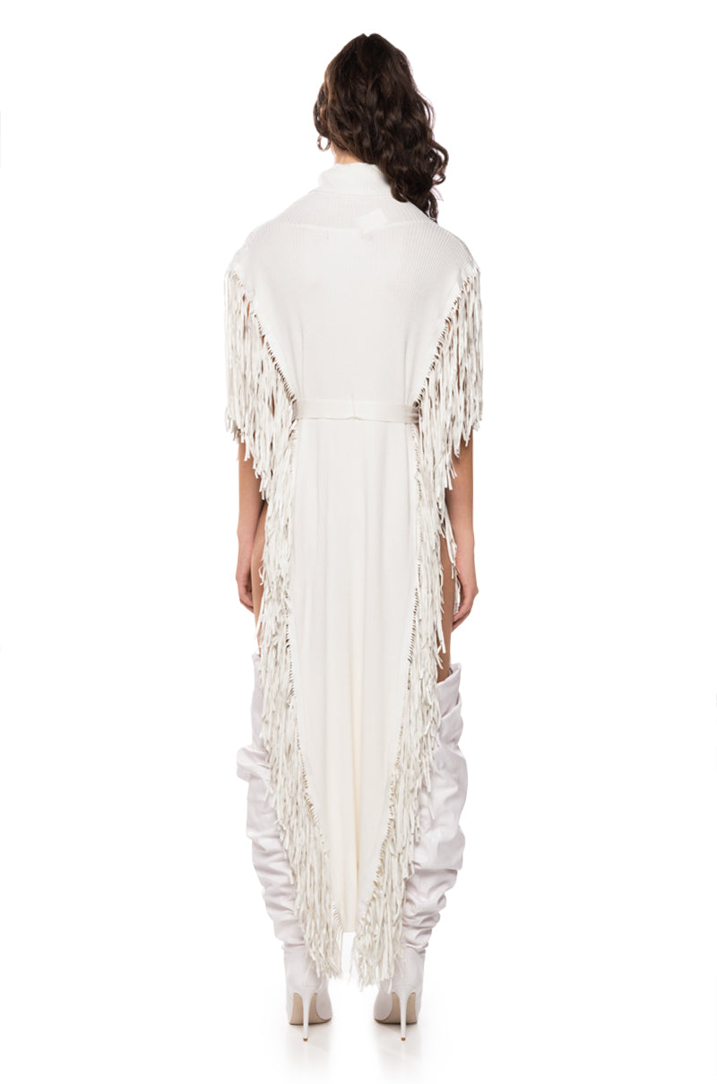 CHEYENNE FAUX LEATHER FRINGE BELTED SWEATER IN IVORY