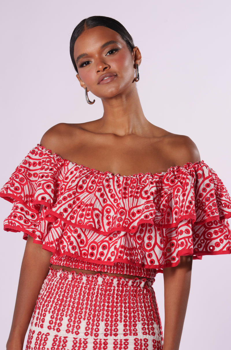 SUMMER LOVING OFF THE SHOULDER RUFFLE CROP BLOUSE