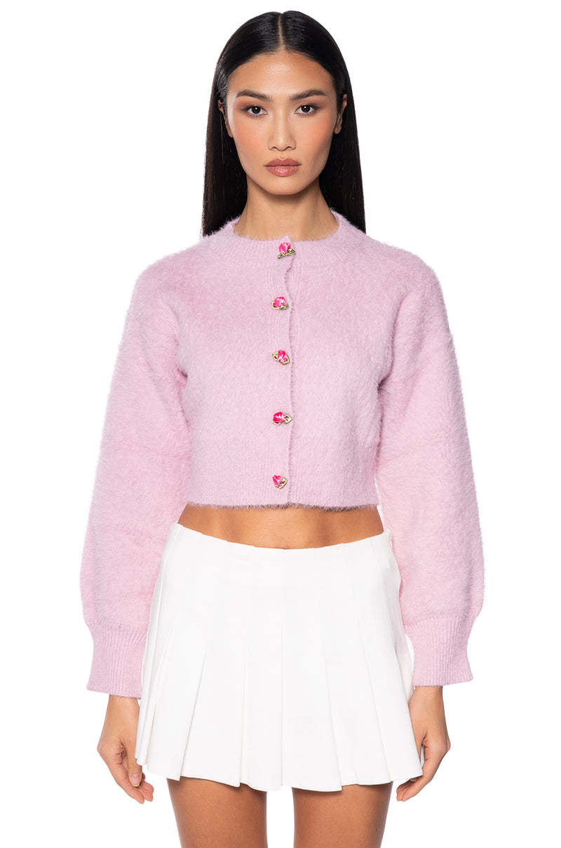 TOO CUTE FLOWER BUTTON FUZZY CARDIGAN