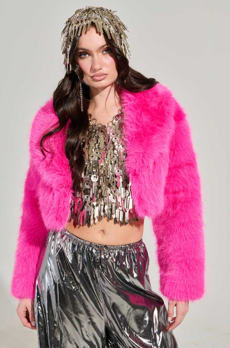 LIGHTS OUT CROPPED FAUX FUR JACKET IN PINK