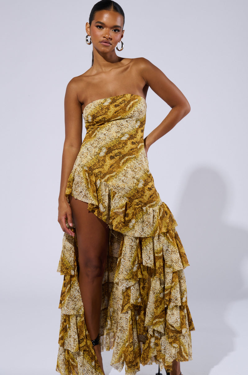 TATTIANA SNAKE PRINT RUFFLED MAXI DRESS