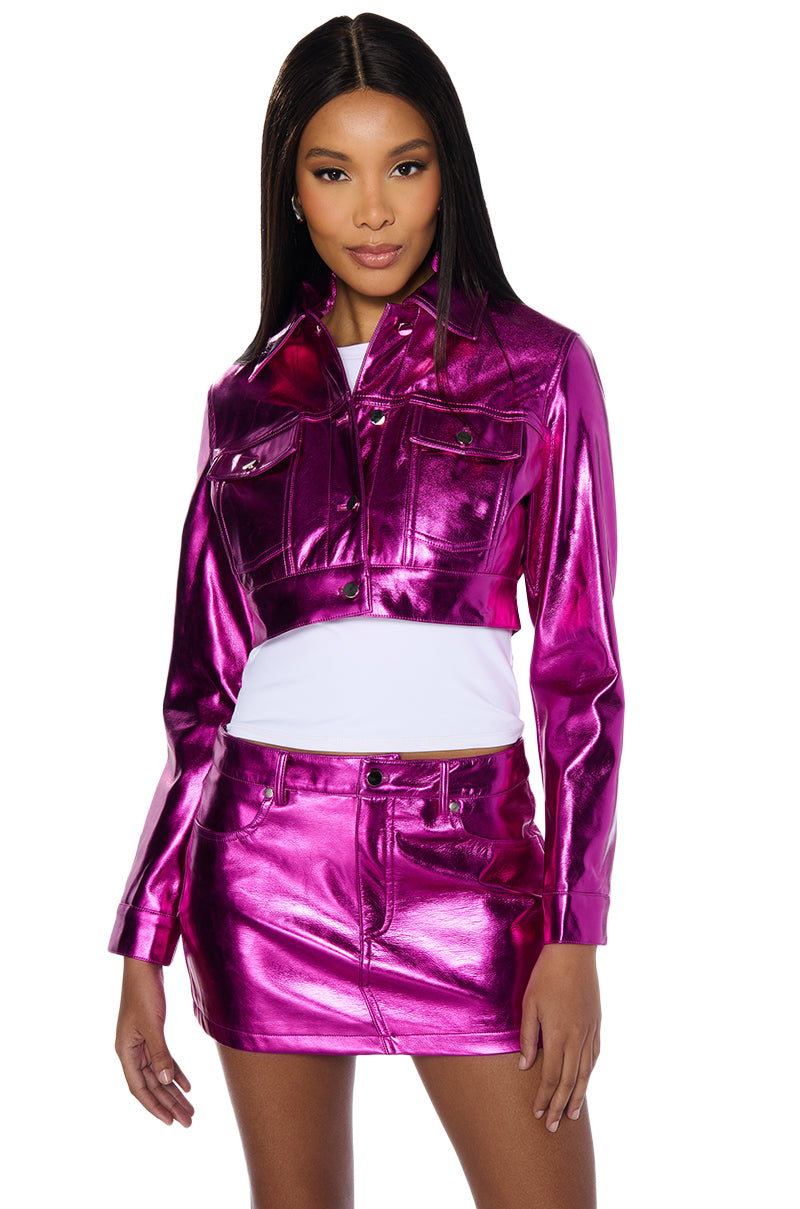 CELEBRATE METALLIC FAUX LEATHER CROP JACKET