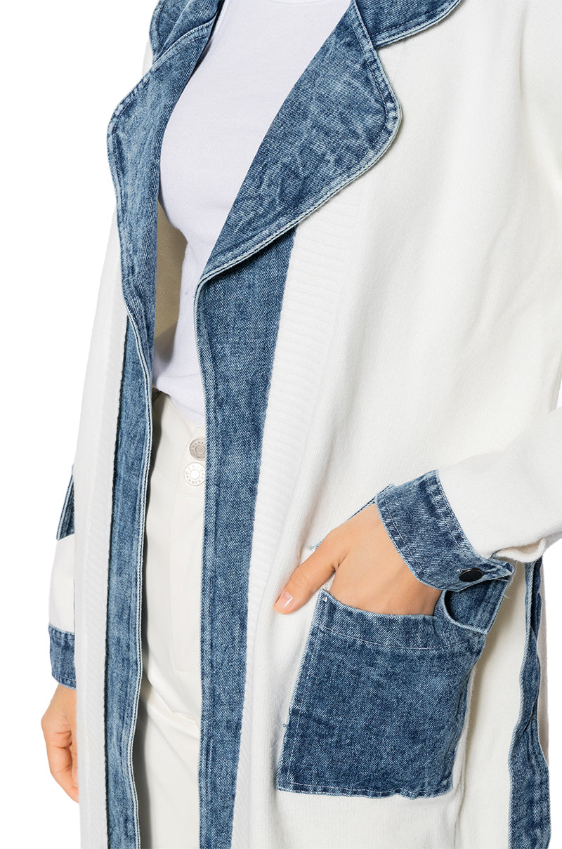 DENIM DUTY TIE FRONT CARDIGAN