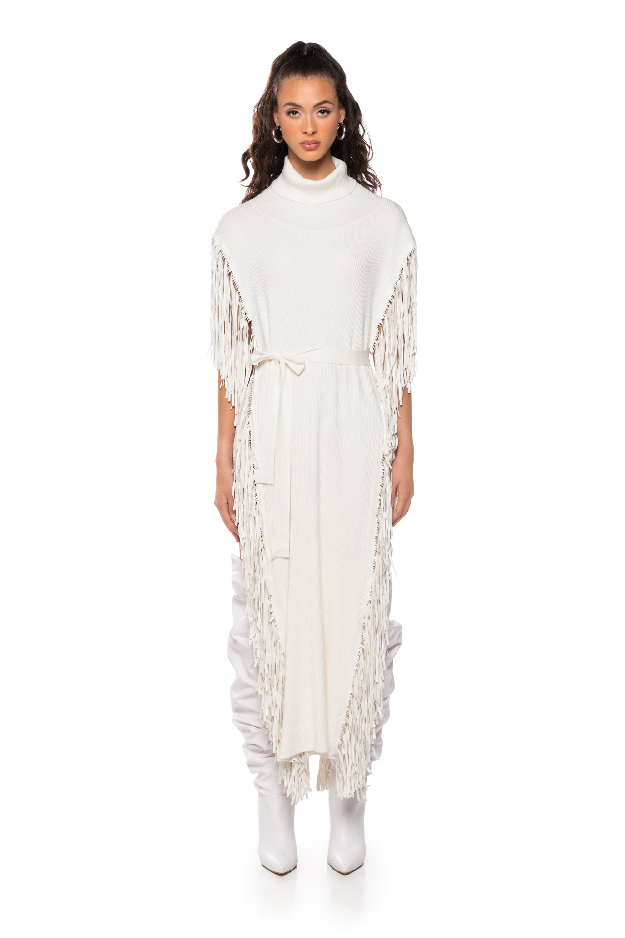 CHEYENNE FAUX LEATHER FRINGE BELTED SWEATER IN IVORY