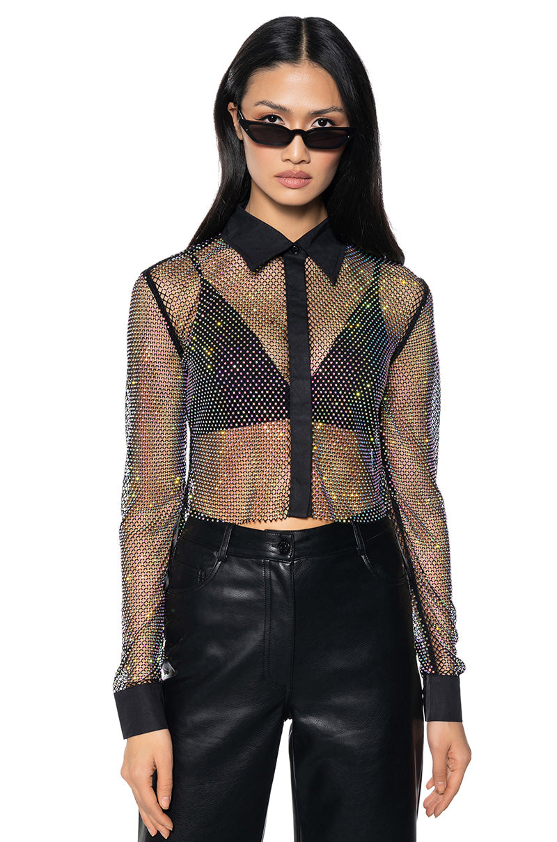 CLUB VIP RHINESTONE MESH BUTTON DOWN SHIRT