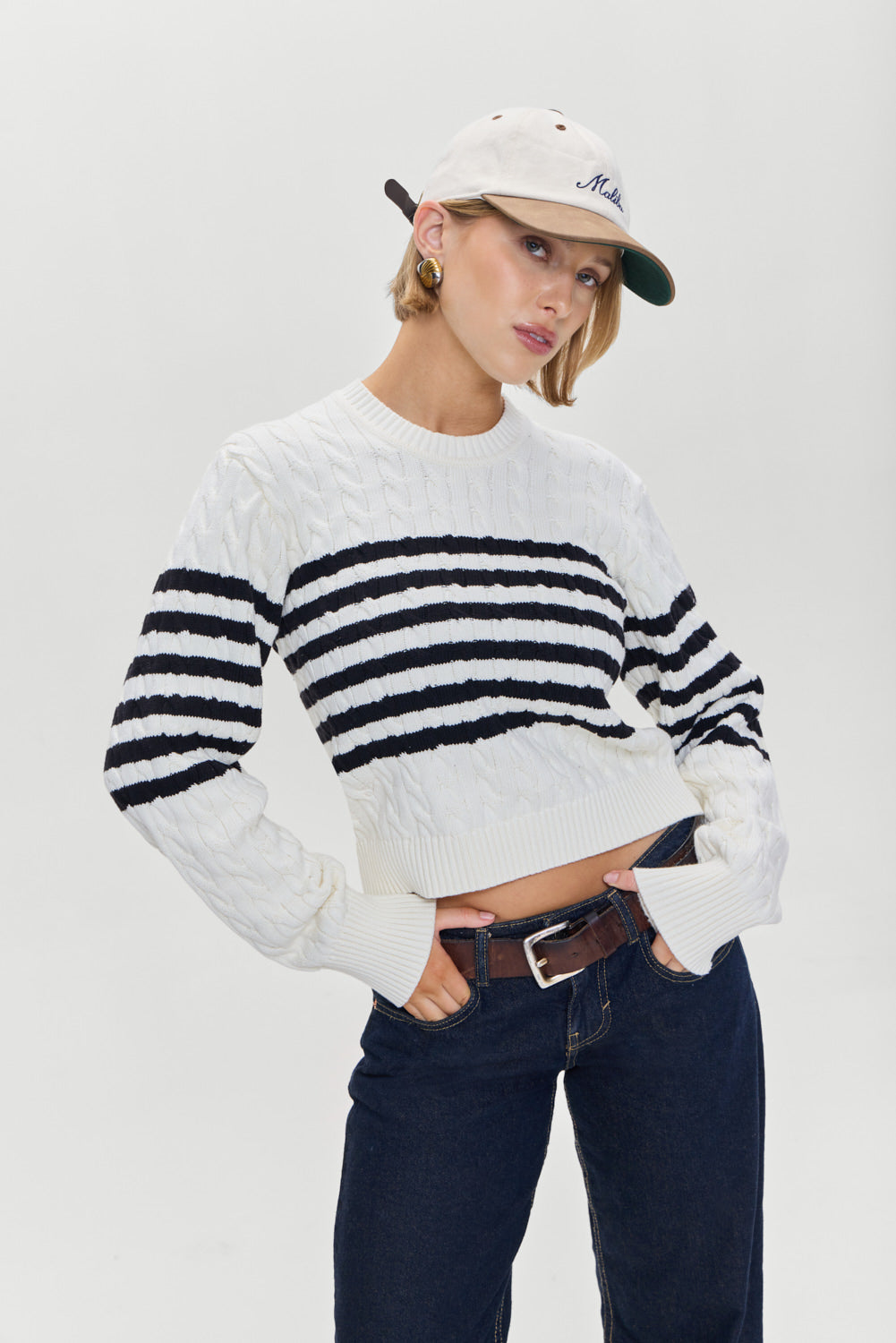 Varsity Striped Cable Knit Sweater - Ivory