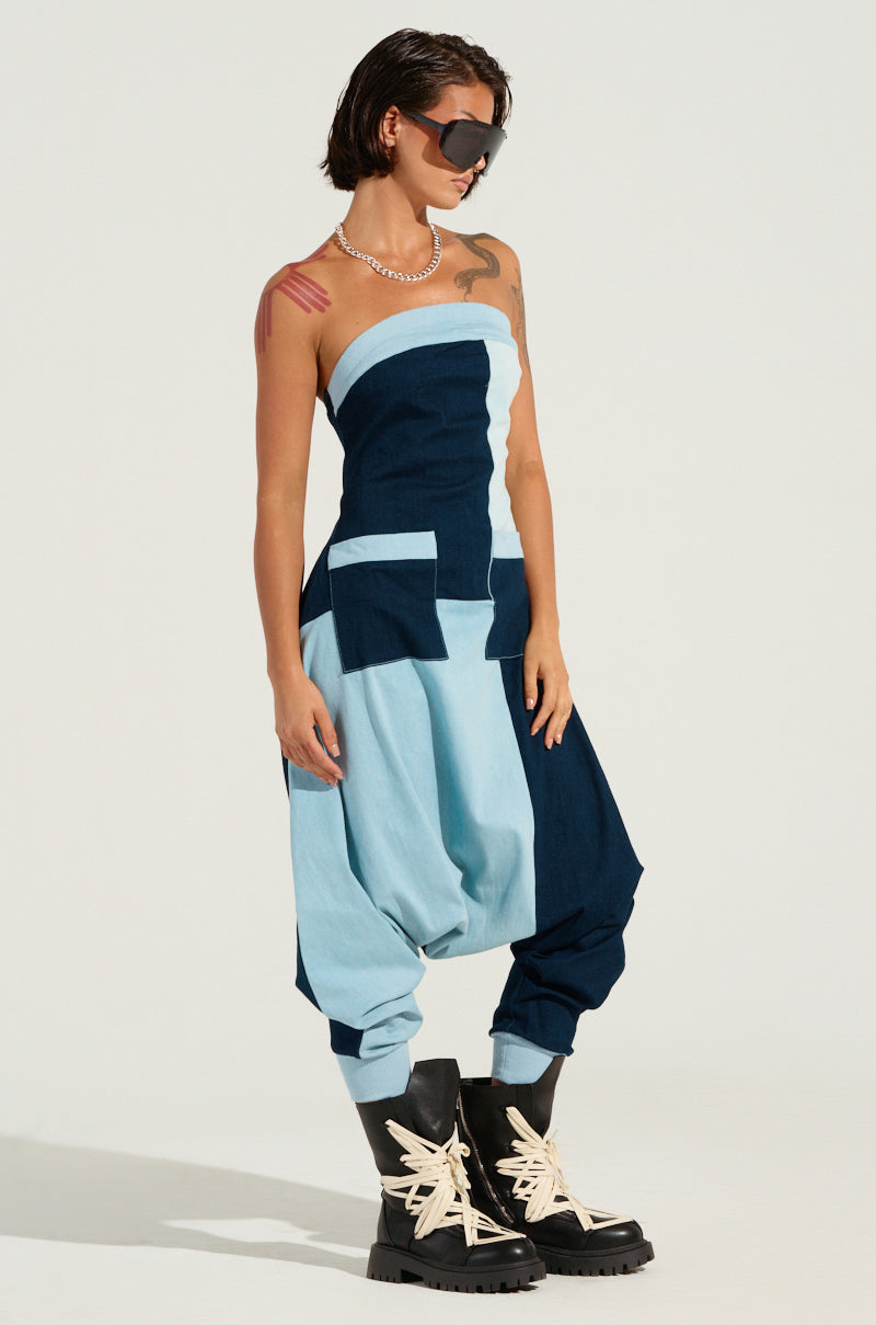 REINA PATCHWORK DENIM JUMPSUIT